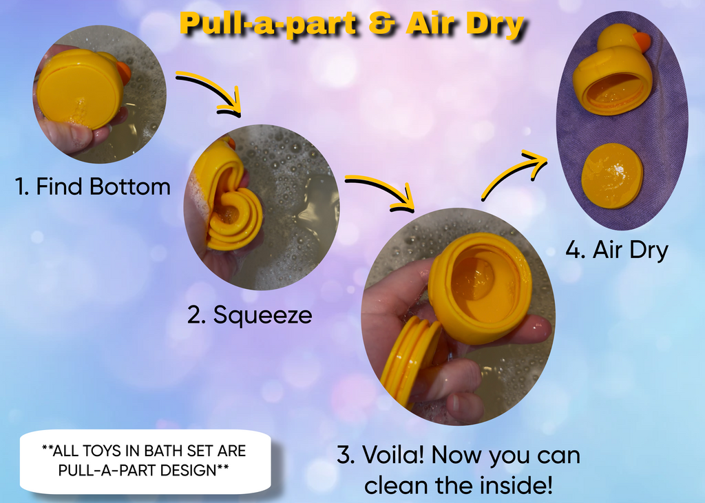 Instructions for a pull-apart toy with yellow parts on a colorful background